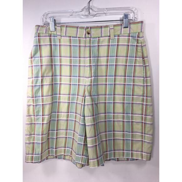 Alan Flusser Golf Shorts Mens 32 Light‎ Green Plaid 100% Cotton Lightweight - Picture 1 of 6